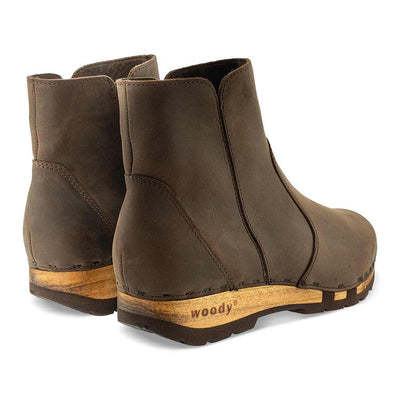 [Caffe] Olga Damen Clog Stiefelette mit biegsamer nachhaltiger holzsohle, farbe: caffe, holzclogs woody, woody schuhe, woody shoes, handgemachte holzschuhe aus österreich, kärnten