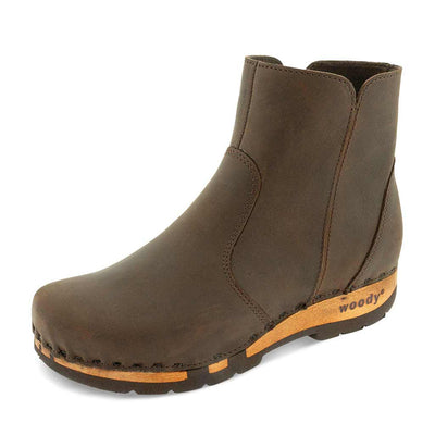 [Caffe] Olga Damen Clog Stiefelette mit biegsamer nachhaltiger holzsohle, farbe: caffe, holzclogs woody, woody schuhe, woody shoes, handgemachte holzschuhe aus österreich, kärnten