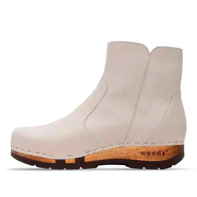 [Creme] Olga Damen Clog Stiefelette mit biegsamer nachhaltiger holzsohle, farbe: creme (naturweiss), holzclogs woody, woody schuhe, woody shoes, handgemachte holzschuhe aus österreich, kärnten