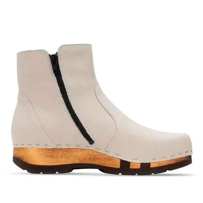 [Creme] Olga Damen Clog Stiefelette mit biegsamer nachhaltiger holzsohle, farbe: creme (naturweiss), holzclogs woody, woody schuhe, woody shoes, handgemachte holzschuhe aus österreich, kärnten