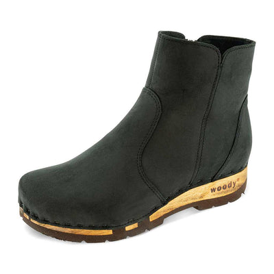 [Nero] Olga Damen Clog Stiefelette mit biegsamer nachhaltiger holzsohle, farbe: nero (schwarz), holzclogs woody, woody schuhe, woody shoes, handgemachte holzschuhe aus österreich, kärnten