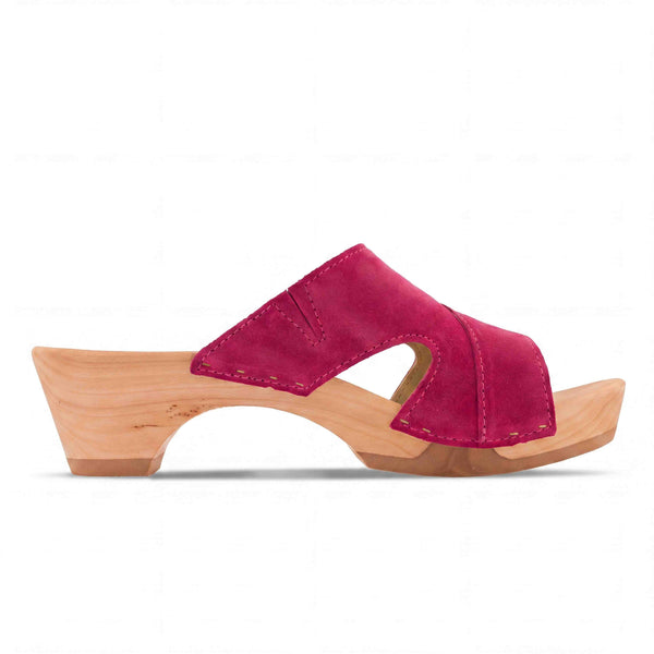 woody Fiona Damen-Pantolette in Fuxia von oben mit Lederoberflaeche - handgefertigt in Oesterreich
