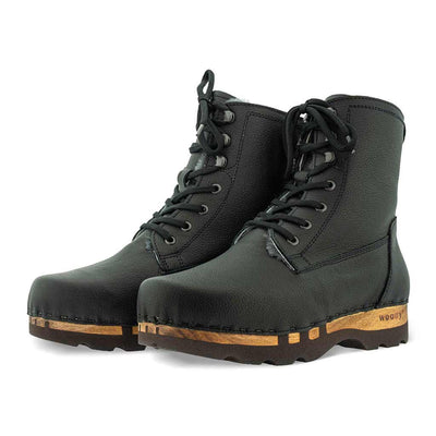 [Cervo Nero] Pascal Herren Clog Stiefel mit biegsamer nachhaltiger holzsohle, farbe: cervo nero schwarz, holzclogs woody schuhe, woody shoes, handgemachte holzschuhe aus österreich kärnten