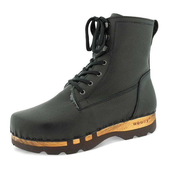 [Cervo Nero] Pascal Herren Clog Stiefel mit biegsamer nachhaltiger holzsohle, farbe: cervo nero schwarz, holzclogs woody schuhe, woody shoes, handgemachte holzschuhe aus österreich kärnten