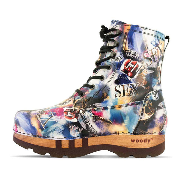 [Sex & Rock'n'Roll] Pascal Herren Clog Stiefel mit biegsamer nachhaltiger holzsohle, holzclogs woody schuhe, woody shoes, handgemachte holzschuhe aus österreich kärnten, farbe: Sex & Rock'n'Roll (multicolor)