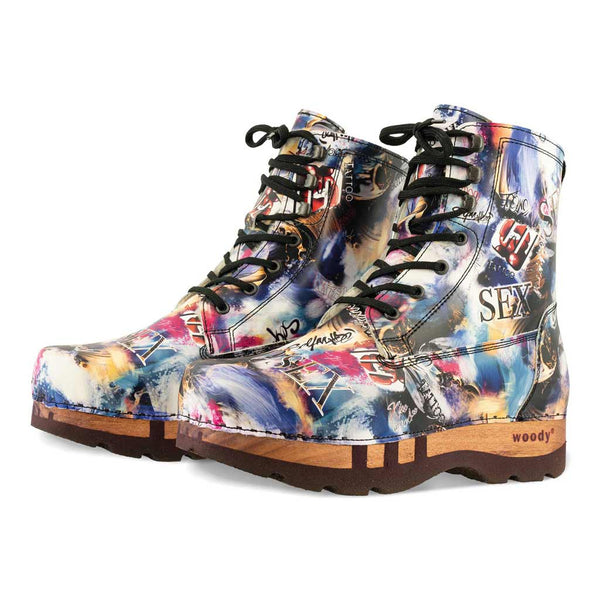 [Sex & Rock'n'Roll] Pascal Herren Clog Stiefel mit biegsamer nachhaltiger holzsohle, holzclogs woody schuhe, woody shoes, handgemachte holzschuhe aus österreich kärnten, farbe: Sex & Rock'n'Roll (multicolor)