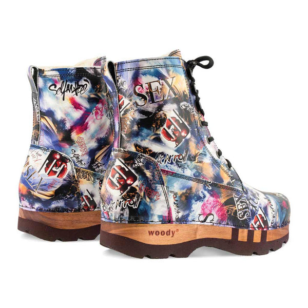 [Sex & Rock'n'Roll] Pascal Herren Clog Stiefel mit biegsamer nachhaltiger holzsohle, holzclogs woody schuhe, woody shoes, handgemachte holzschuhe aus österreich kärnten, farbe: Sex & Rock'n'Roll (multicolor)