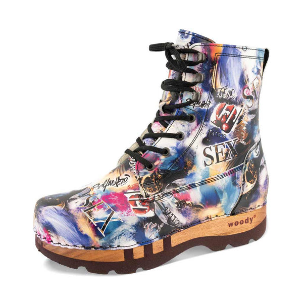 [Sex & Rock'n'Roll] Pascal Herren Clog Stiefel mit biegsamer nachhaltiger holzsohle, holzclogs woody schuhe, woody shoes, handgemachte holzschuhe aus österreich kärnten, farbe: Sex & Rock'n'Roll (multicolor)