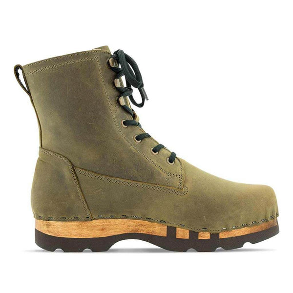 [Olivia] Pascal Herren Clog Stiefel mit biegsamer nachhaltiger holzsohle, farbe: olivia gruen, holzclogs woody schuhe, woody shoes, handgemachte holzschuhe aus österreich kärnten