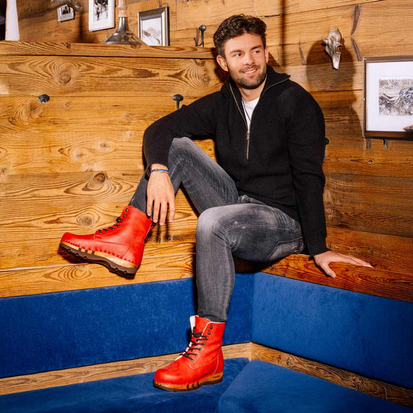 [Rosso] Pascal Herren Clog Stiefel mit biegsamer nachhaltiger holzsohle, holzclogs woody schuhe, woody shoes, handgemachte holzschuhe aus österreich kärnten, farbe: rosso (rot)