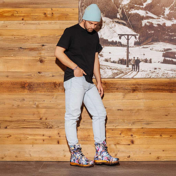 [Sex & Rock'n'Roll] Pascal Herren Clog Stiefel mit biegsamer nachhaltiger holzsohle, holzclogs woody schuhe, woody shoes, handgemachte holzschuhe aus österreich kärnten, farbe: Sex & Rock'n'Roll (multicolor)