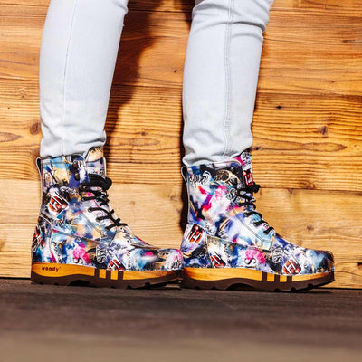 [Sex & Rock'n'Roll] Pascal Herren Clog Stiefel mit biegsamer nachhaltiger holzsohle, holzclogs woody schuhe, woody shoes, handgemachte holzschuhe aus österreich kärnten, farbe: Sex & Rock'n'Roll (multicolor)