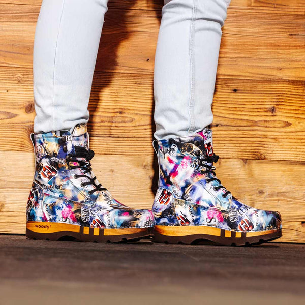 [Sex & Rock'n'Roll] Pascal Herren Clog Stiefel mit biegsamer nachhaltiger holzsohle, holzclogs woody schuhe, woody shoes, handgemachte holzschuhe aus österreich kärnten, farbe: Sex & Rock'n'Roll (multicolor)
