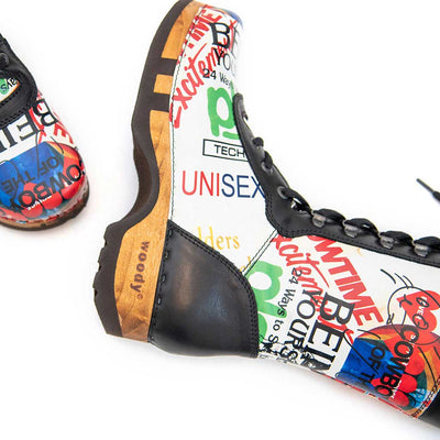 [Showtime] Ramona Clog Stiefel von woody Schuhe. Damen Stiefel mit hohem Schaft bestellen. Holzclog Stiefel. Holzstiefel. Stiefel für Damen handgemacht. Handgemachte Stiefel kaufen., farbe: showtime (multicolor-print)