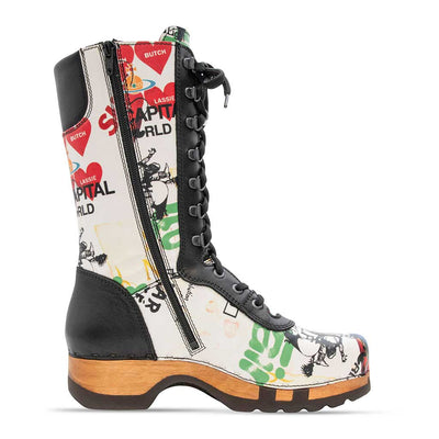 [Showtime] Ramona Clog Stiefel von woody Schuhe. Damen Stiefel mit hohem Schaft bestellen. Holzclog Stiefel. Holzstiefel. Stiefel für Damen handgemacht. Handgemachte Stiefel kaufen., farbe: showtime (multicolor-print)