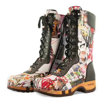 [Kaiser Franz Joseph] Ramona Clog Stiefel von woody Schuhe. Damen Stiefel mit hohem Schaft bestellen. Holzclog Stiefel. Holzstiefel. Stiefel für Damen handgemacht. Handgemachte Stiefel kaufen., farbe: kaiser franz joseph design (multicolor)