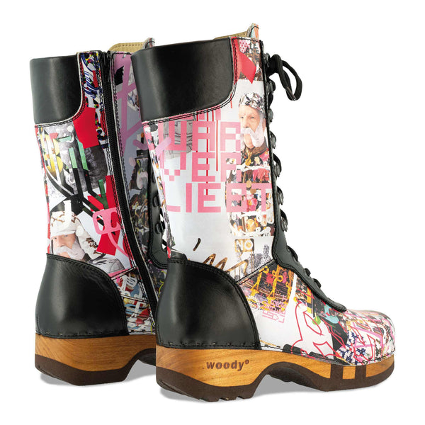 [Kaiser Franz Joseph] Ramona Clog Stiefel von woody Schuhe. Damen Stiefel mit hohem Schaft bestellen. Holzclog Stiefel. Holzstiefel. Stiefel für Damen handgemacht. Handgemachte Stiefel kaufen., farbe: kaiser franz joseph design (multicolor)