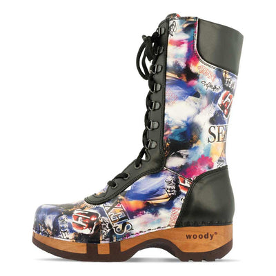 [Sex & Rock'n'Roll] Ramona Clog Stiefel - lammfell gefütterter clog stiefel mit biegsamer nachhaltiger holzsohle, farbe: sex & rock'n'roll (multicolor), holzclogs woody, woody schuhe, woody shoes, handgemachte holzschuhe aus österreich, kärnten