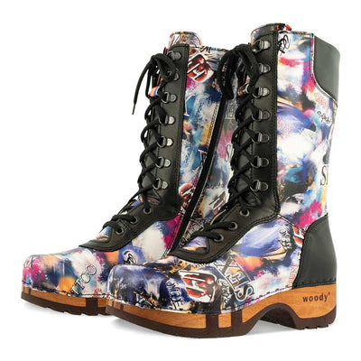 [Sex & Rock'n'Roll] Ramona Clog Stiefel - lammfell gefütterter clog stiefel mit biegsamer nachhaltiger holzsohle, farbe: sex & rock'n'roll (multicolor), holzclogs woody, woody schuhe, woody shoes, handgemachte holzschuhe aus österreich, kärnten