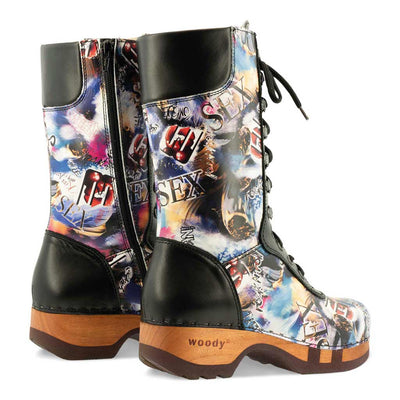 [Sex & Rock'n'Roll] Ramona Clog Stiefel - lammfell gefütterter clog stiefel mit biegsamer nachhaltiger holzsohle, farbe: sex & rock'n'roll (multicolor), holzclogs woody, woody schuhe, woody shoes, handgemachte holzschuhe aus österreich, kärnten
