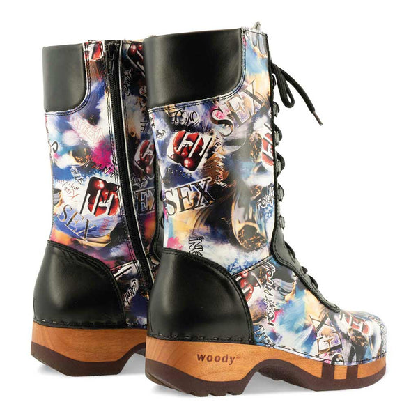[Sex & Rock'n'Roll] Ramona Clog Stiefel - lammfell gefütterter clog stiefel mit biegsamer nachhaltiger holzsohle, farbe: sex & rock'n'roll (multicolor), holzclogs woody, woody schuhe, woody shoes, handgemachte holzschuhe aus österreich, kärnten