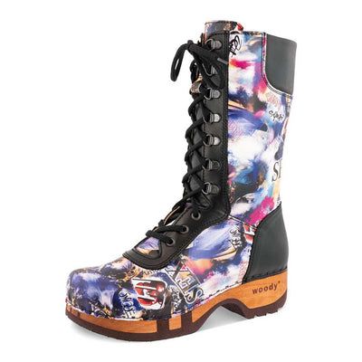 [Sex & Rock'n'Roll] Ramona Clog Stiefel - lammfell gefütterter clog stiefel mit biegsamer nachhaltiger holzsohle, farbe: sex & rock'n'roll (multicolor), holzclogs woody, woody schuhe, woody shoes, handgemachte holzschuhe aus österreich, kärnten