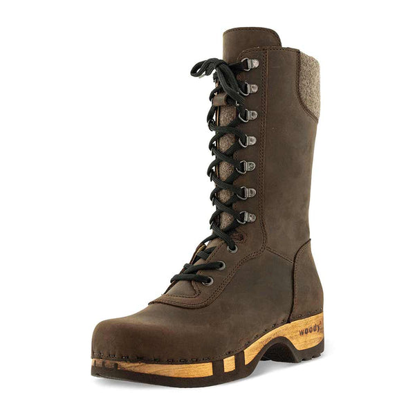 [Caffe] Ramona Clog Stiefel von woody Schuhe. Damen Stiefel mit hohem Schaft bestellen. Holzclog Stiefel. Holzstiefel. Stiefel für Damen handgemacht. Handgemachte Stiefel kaufen., farbe: caffe (schwarz)Ramona von woody Schuhe. Damen Stiefel mit hohem Schaft bestellen. Holzclog