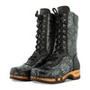 [Coraflor Silber] Ramona Clog Stiefel von woody Schuhe. Damen Stiefel mit hohem Schaft bestellen. Holzclog Stiefel. Holzstiefel. Stiefel für Damen handgemacht. Handgemachte Stiefel kaufen., farbe: coraflor silver (schwarz mit silbernem Blumendruck)