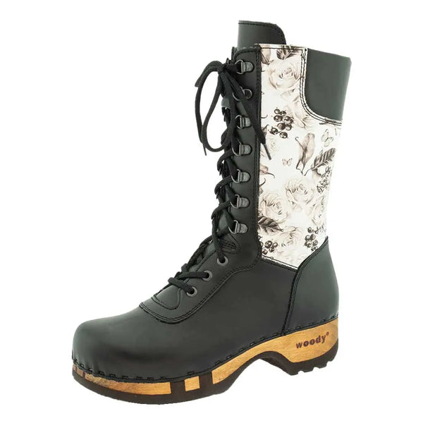 [Schwarz-Rose Bianco] Ramona Clog Stiefel von woody Schuhe. Damen Stiefel mit hohem Schaft bestellen. Holzclog Stiefel. Holzstiefel. Stiefel für Damen handgemacht. Handgemachte Stiefel kaufen., farbe: Schwarz-Rose Bianco (weisses Leder mit Rosendruck)