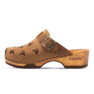 [Tabacco] Ricke Damen Clog, clog mit stick hirsche streumuster für damen, biegsame nachhaltige holzsohle, farbe: tabacco, holzclogs woody, woody schuhe, woody shoes, handgemachte holzschuhe aus österreich, kärnten