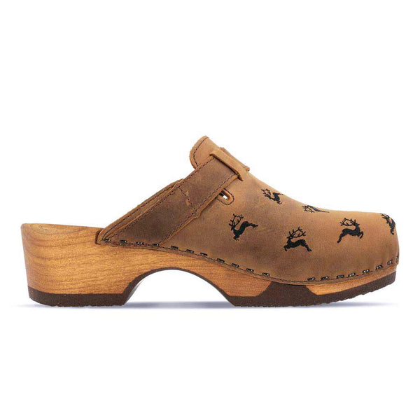 [Tabacco] Ricke Damen Clog, clog mit stick hirsche streumuster für damen, biegsame nachhaltige holzsohle, farbe: tabacco, holzclogs woody, woody schuhe, woody shoes, handgemachte holzschuhe aus österreich, kärnten