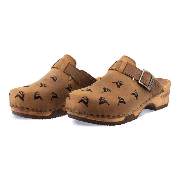 [Tabacco] Ricke Damen Clog, clog mit stick hirsche streumuster für damen, biegsame nachhaltige holzsohle, farbe: tabacco, holzclogs woody, woody schuhe, woody shoes, handgemachte holzschuhe aus österreich, kärnten