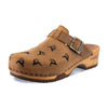 [Tabacco] Ricke Damen Clog, clog mit stick hirsche streumuster für damen, biegsame nachhaltige holzsohle, farbe: tabacco, holzclogs woody, woody schuhe, woody shoes, handgemachte holzschuhe aus österreich, kärnten