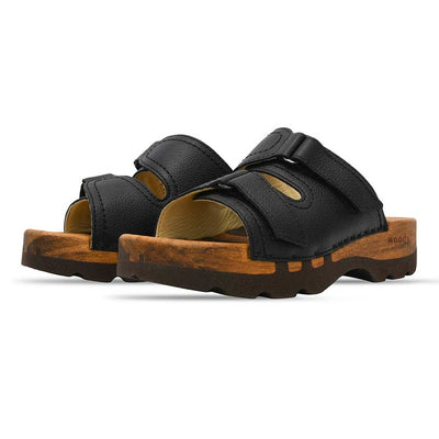 [Schwarz] Roman Herren Clog Pantolette mit biegsamer nachhaltiger holzsohle, farbe: schwarz, holzclogs woody, woody schuhe, woody shoes, handgemachte holzschuhe aus österreich, kärnten