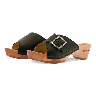 [Schwarz mit Schmuck] Romina Damen Clog Pantolette mit Zierschnalle – elegant, mit biegsamer Sohle – Farbe: Schwarz mit silberner Schnalle (strassbesetzt)