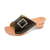 [Schwarz mit Schmuck] Romina Damen Clog Pantolette mit Zierschnalle – elegant, mit biegsamer Sohle – Farbe: Schwarz mit silberner Schnalle (strassbesetzt)