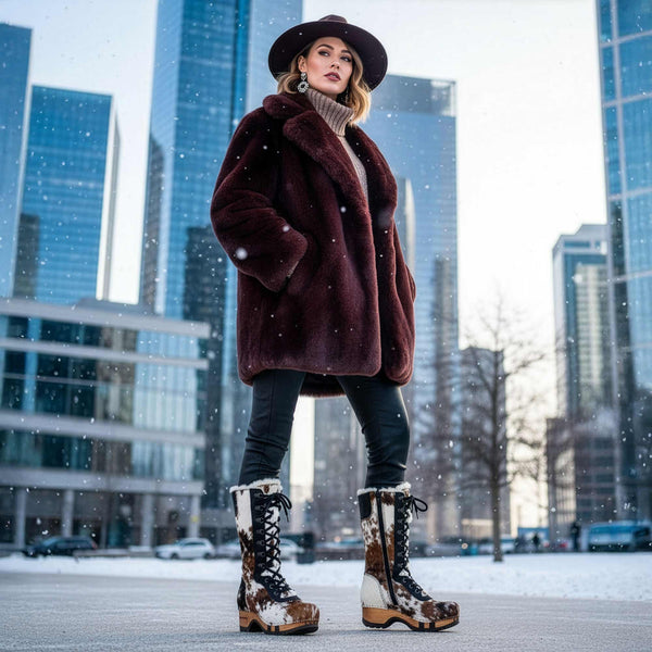 [Natur Fell] Rosanna Fell Damen Clog Stiefel von woody Schuhe. Damen Stiefel mit hohem Schaft bestellen. Holzclog Stiefel. Holzstiefel. Stiefel für Damen handgemacht. Handgemachte Stiefel kaufen. - farbe natur fell. Kuhfellstiefel woody. kuhfell clogs