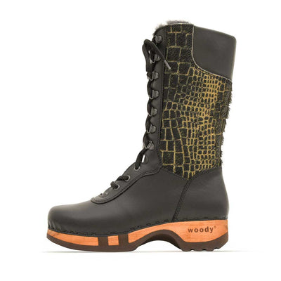 [Schwarz-Cocco Gold] Rosanna Fell Damen Clog Stiefel, farbe: schwarz-cocco gold, fellstiefel. stiefel, winterclog, winterclogs. damenstiefel clogs. damen fellschuhe bestellen, fellclogs, weisse fellstiefel mit holzschuhe, holzclogs fell weiss kaufen.