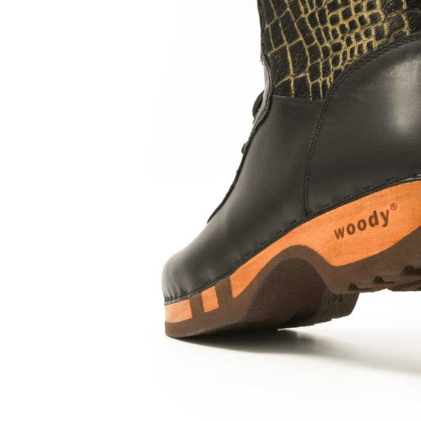 [Schwarz-Cocco Gold] Rosanna Fell Damen Clog Stiefel, farbe: schwarz-cocco gold, fellstiefel. stiefel, winterclog, winterclogs. damenstiefel clogs. damen fellschuhe bestellen, fellclogs, weisse fellstiefel mit holzschuhe, holzclogs fell weiss kaufen.