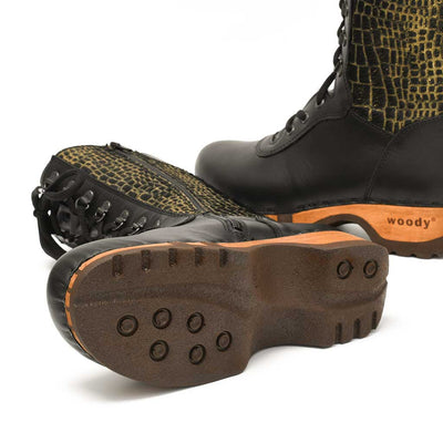 [Schwarz-Cocco Gold] Rosanna Fell Damen Clog Stiefel, farbe: schwarz-cocco gold, fellstiefel. stiefel, winterclog, winterclogs. damenstiefel clogs. damen fellschuhe bestellen, fellclogs, weisse fellstiefel mit holzschuhe, holzclogs fell weiss kaufen.