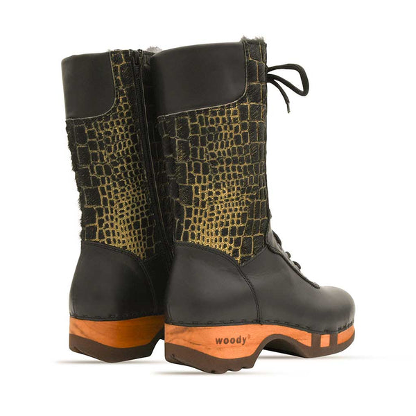 [Schwarz-Cocco Gold] Rosanna Fell Damen Clog Stiefel, farbe: schwarz-cocco gold, fellstiefel. stiefel, winterclog, winterclogs. damenstiefel clogs. damen fellschuhe bestellen, fellclogs, weisse fellstiefel mit holzschuhe, holzclogs fell weiss kaufen.