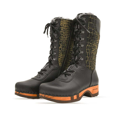[Schwarz-Cocco Gold] Rosanna Fell Damen Clog Stiefel, farbe: schwarz-cocco gold, fellstiefel. stiefel, winterclog, winterclogs. damenstiefel clogs. damen fellschuhe bestellen, fellclogs, weisse fellstiefel mit holzschuhe, holzclogs fell weiss kaufen.