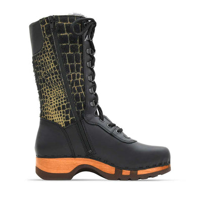 [Schwarz-Cocco Gold] Rosanna Fell Damen Clog Stiefel, farbe: schwarz-cocco gold, fellstiefel. stiefel, winterclog, winterclogs. damenstiefel clogs. damen fellschuhe bestellen, fellclogs, weisse fellstiefel mit holzschuhe, holzclogs fell weiss kaufen.