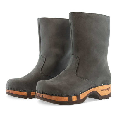 [Grigio] Rose Damen Clog Fell Schlupfstiefel mit biegsamer nachhaltiger holzsohle, holzclogs woody, woody schuhe, woody shoes, handgemachte holzschuhe aus österreich, kärnten, farbe: grigio (dunkelgrau)