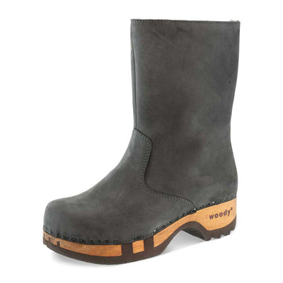 [Grigio] Rose Damen Clog Fell Schlupfstiefel mit biegsamer nachhaltiger holzsohle, holzclogs woody, woody schuhe, woody shoes, handgemachte holzschuhe aus österreich, kärnten, farbe: grigio (dunkelgrau)