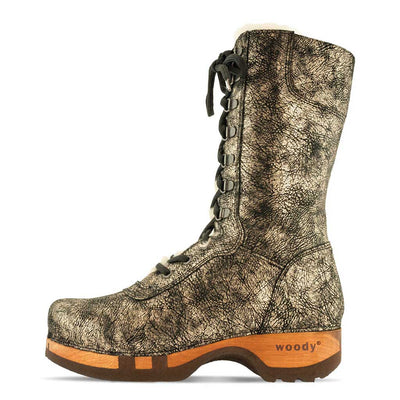 [Noirgold] Rosanna Damen Clog Stiefel. winter stiefel, winterclogs, winterclog. damenstiefel clogs leder. damen stiefel leder gefüttert bestellen, winterclogs, stiefel mit holzschuhe, holzclogs stiefeln kaufen. farbe: noirgold (gold mit schwaren cracks)