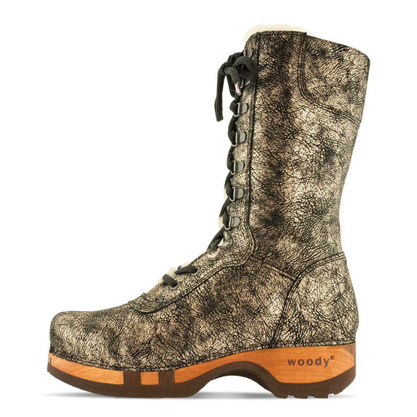 [Noirgold] Rosanna Damen Clog Stiefel. winter stiefel, winterclogs, winterclog. damenstiefel clogs leder. damen stiefel leder gefüttert bestellen, winterclogs, stiefel mit holzschuhe, holzclogs stiefeln kaufen. farbe: noirgold (gold mit schwaren cracks)