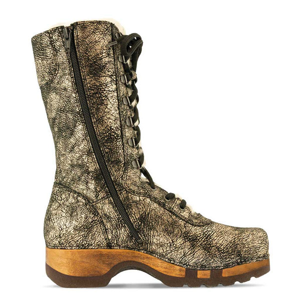 [Noirgold] Rosanna Damen Clog Stiefel. winter stiefel, winterclogs, winterclog. damenstiefel clogs leder. damen stiefel leder gefüttert bestellen, winterclogs, stiefel mit holzschuhe, holzclogs stiefeln kaufen. farbe: noirgold (gold mit schwaren cracks)