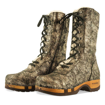 [Noirgold] Rosanna Damen Clog Stiefel. winter stiefel, winterclogs, winterclog. damenstiefel clogs leder. damen stiefel leder gefüttert bestellen, winterclogs, stiefel mit holzschuhe, holzclogs stiefeln kaufen. farbe: noirgold (gold mit schwaren cracks)