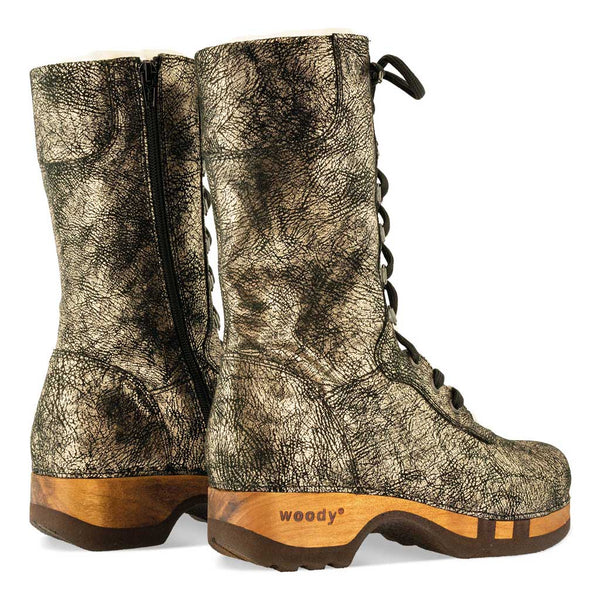 [Noirgold] Rosanna Damen Clog Stiefel. winter stiefel, winterclogs, winterclog. damenstiefel clogs leder. damen stiefel leder gefüttert bestellen, winterclogs, stiefel mit holzschuhe, holzclogs stiefeln kaufen. farbe: noirgold (gold mit schwaren cracks)